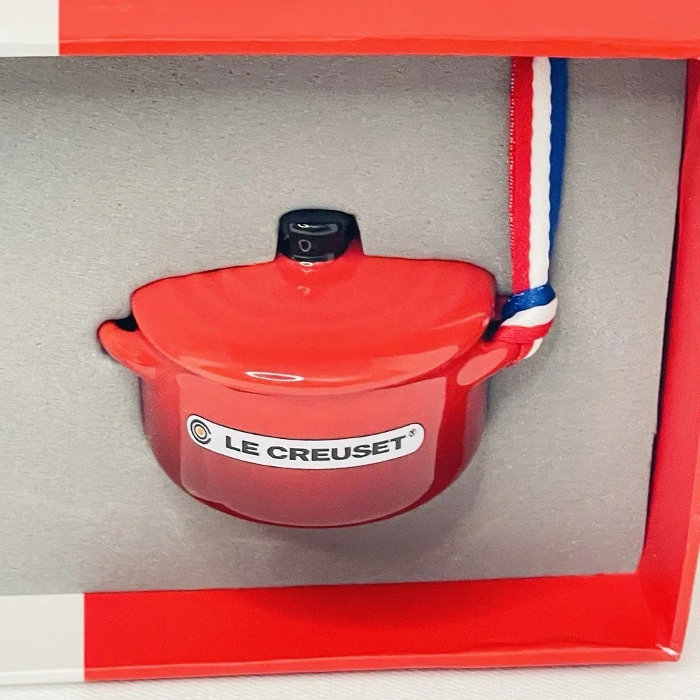 Le Creuset Cerise Red Miniature Set of 3 Ornaments‎ Mug Teapot Dutch Oven NEW